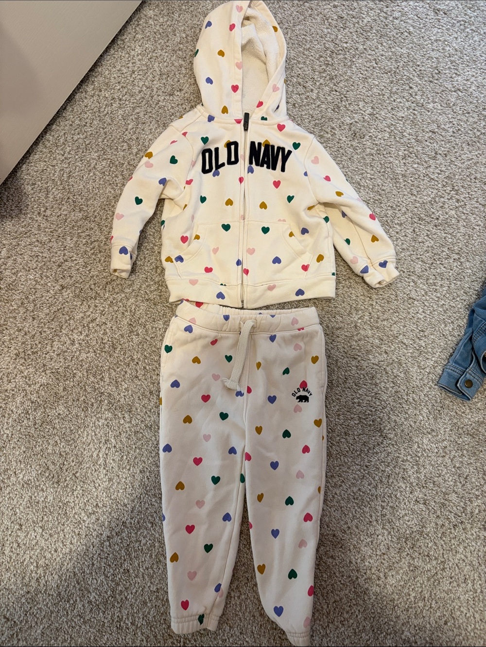 Old Navy Cream Hoodie & Joggers Set with Multicolor Hearts